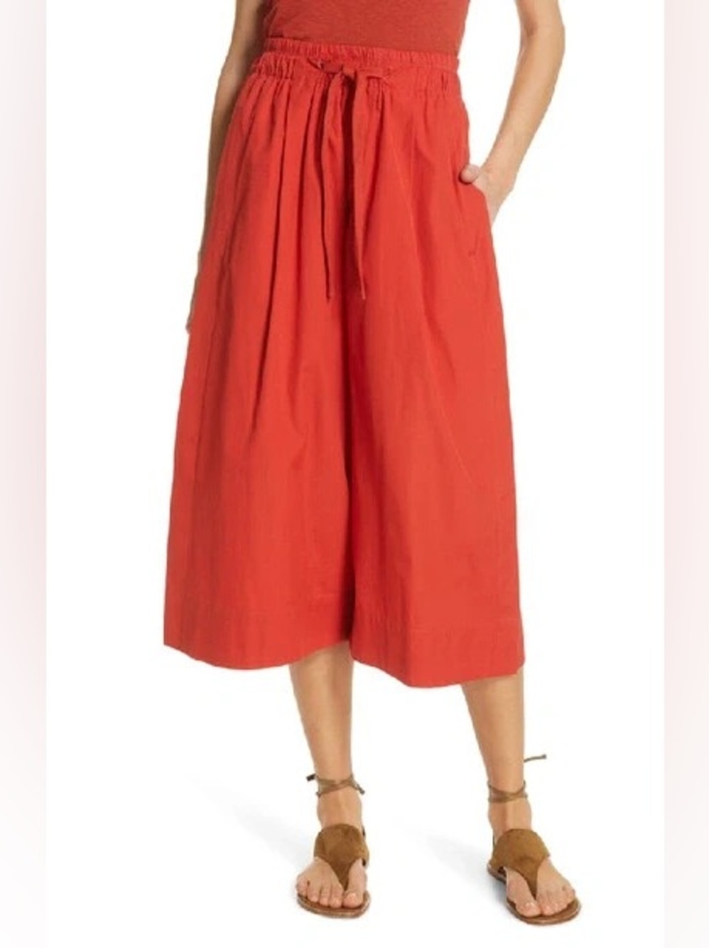 Vince Red Cotton Culotte Cropped Wide Leg Drawstring Pants size small